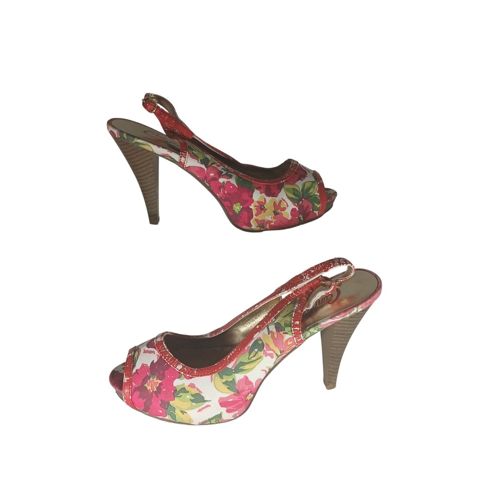 Candie's Dorado Slingback Heels 8.5 Pink‎ Floral Peep Toe Platform Pinup Retro